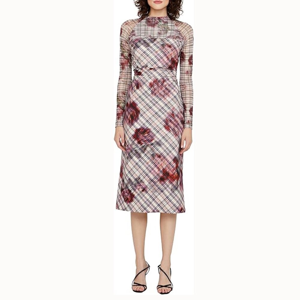 NWT AMUR Edith Pink Plaid Ruched Mesh Midi Dress Size 10